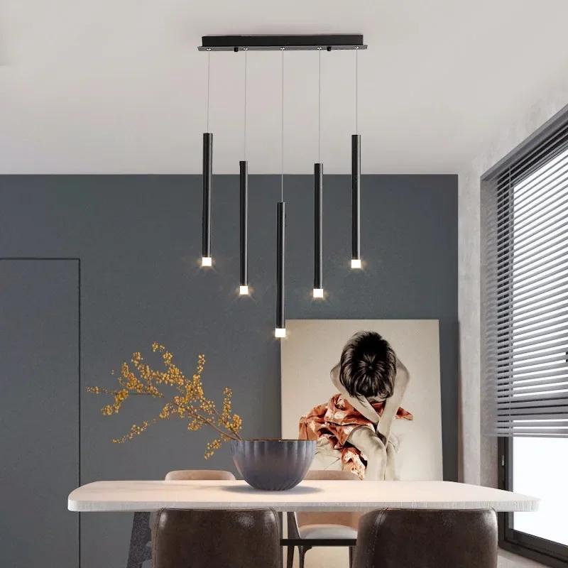 LED Restaurant Pendant Lamp Nordic Long Downlight Kitchen Dining Room Table Modern Black Hanging Chandelier Office Cafe Lighting