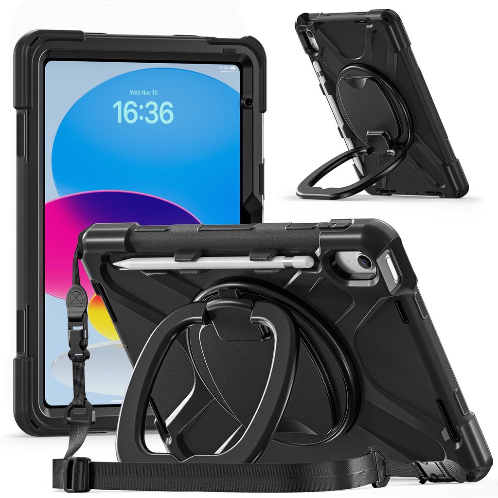 For iPad (2025) / 10.9 (2022) Case with Shoulder Strap TPU + PC + Silicone Kickstand Tablet Cover