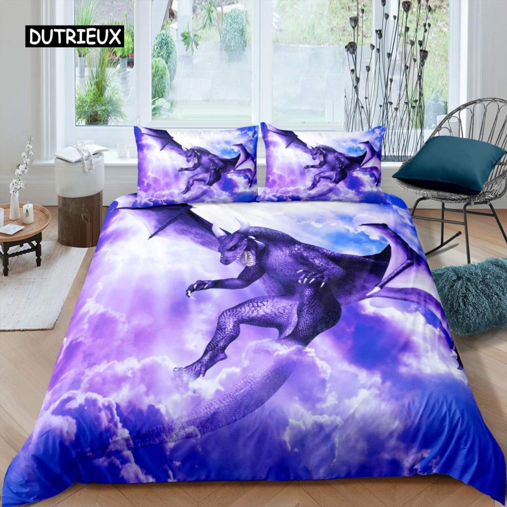 Fire Dragon Duvet Cover Set Magical Dinosaur Bedding Set Jungle Animals Pattern Wildlife Style King Size Polyester Quilt Cover