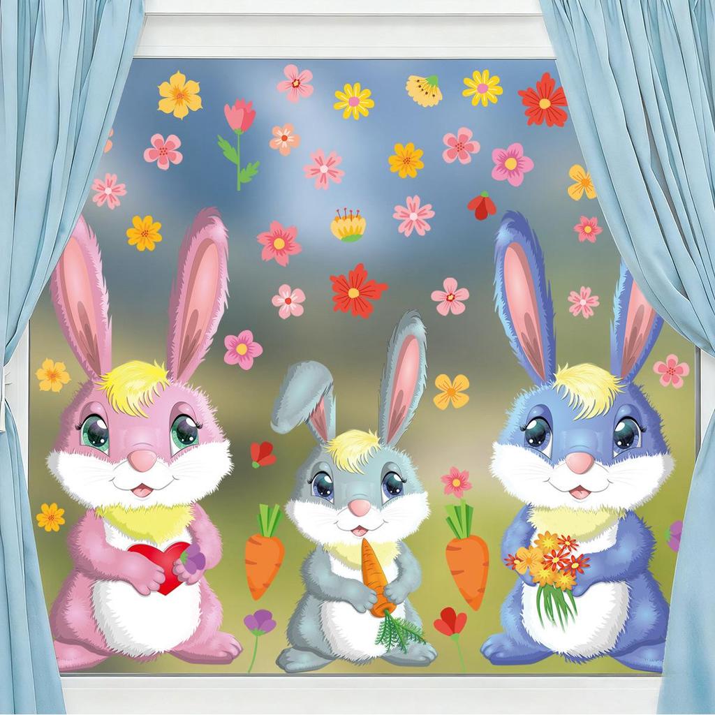 New 2026 Easter Cartoon Rabbit and Colored Eggs Window Clings - Electrostatic Stickers for Mall and Shop Glass Decorations