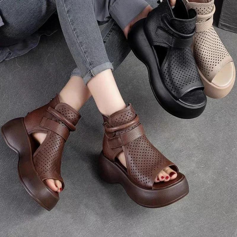 Women Summer Sandals Roman High Heels Shoe Ladies Vintage Genuine Leather Thick Bottom Sandalias  Feminino Footwear