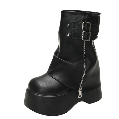 Fashion 2025 Women's Leather Ankle Boots Autumn Winter 9cm Heels Chunky Sneakers Short Boots Woman Zip Motorcycle High Platform Botas
