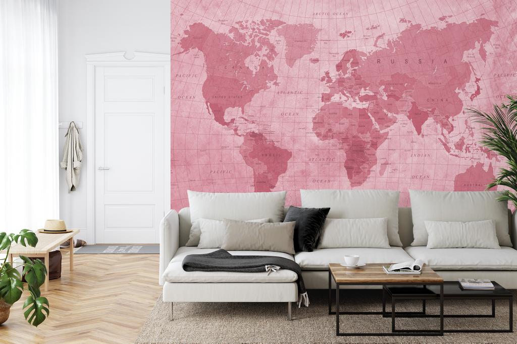 Photomural World Map Textured Red Iq-1262-D Washable Fleece 254x184