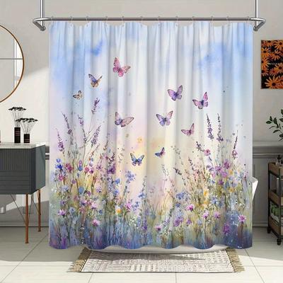 1pc Sunset Meadow Bath Curtain - Watercolor Wildflowers & Butterflies Design, Lavender Purple Pink White Pastel Dreamy Tranquil
