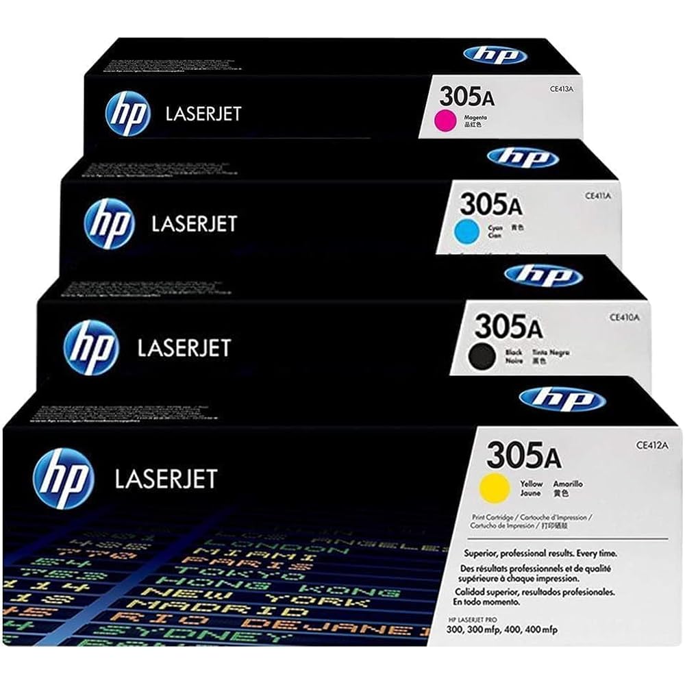 Original HP 305A Toner Cartridges CE410A / CE411A / CE412A / CE413A 4-Pack (Black, Cyan, Yellow, Magenta) Compatible with HP LaserJet Pro 400 MPF M425