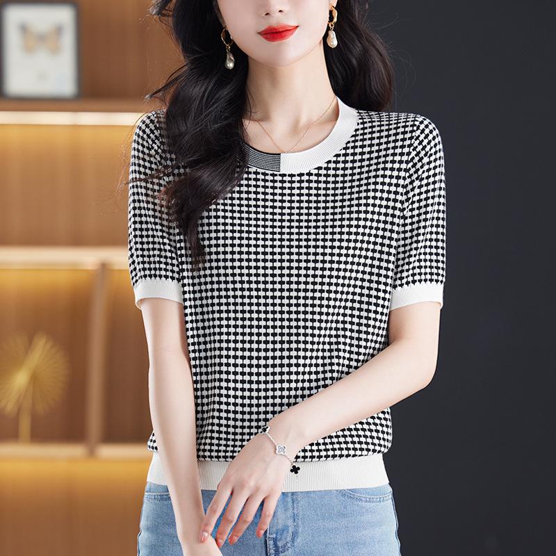 Dünnes Strickshirt Sommer Neu Kariertes T-Shirt Damen Kurzarmtop