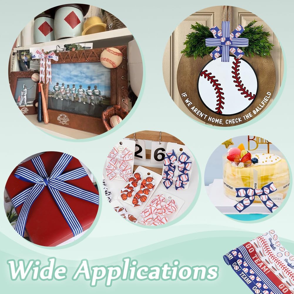 PH PandaHall 8 Rolls Baseball Ribbons 20 Yards Sports Ball Printed Ribbon White Blue Red Grosgrain Baseball Ribbon Craft Fabric Ribbons for Sports