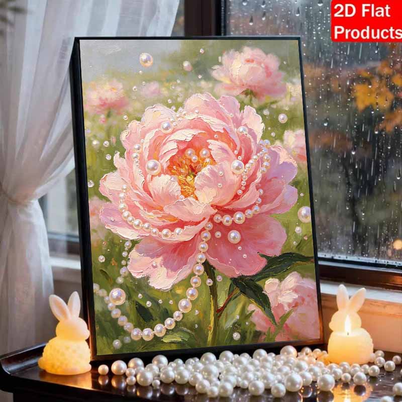 Beautiful Framed Pearl Painting Kit Pink Peony Floral Design DIY 3D Bead Art Canvas Creative Wall Decor Relaxing Hobby Gift for Adults Handmade Art