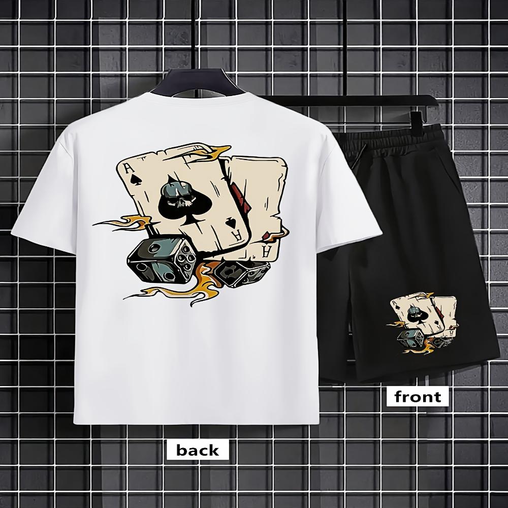 American men's summer fashion poker graffiti print comfortable breathable round neck T-shirt shorts set outdoor streetwear