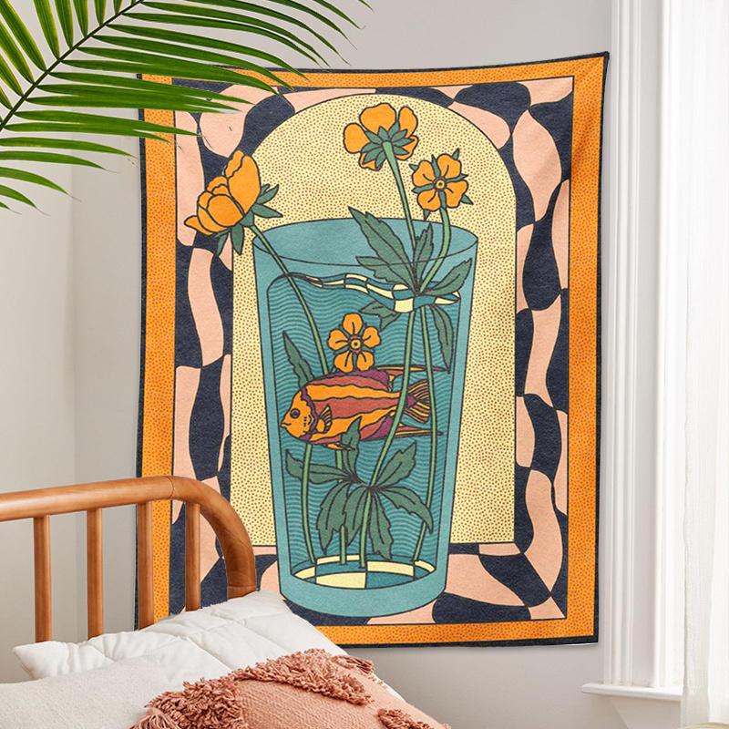

VIKAMA VintageStyle Tapestry Psychedelic Vase Goldfish Flower Decor For Bed Breakfast Living Room Bedroom Home DéCor 74x94cm(29x37in)