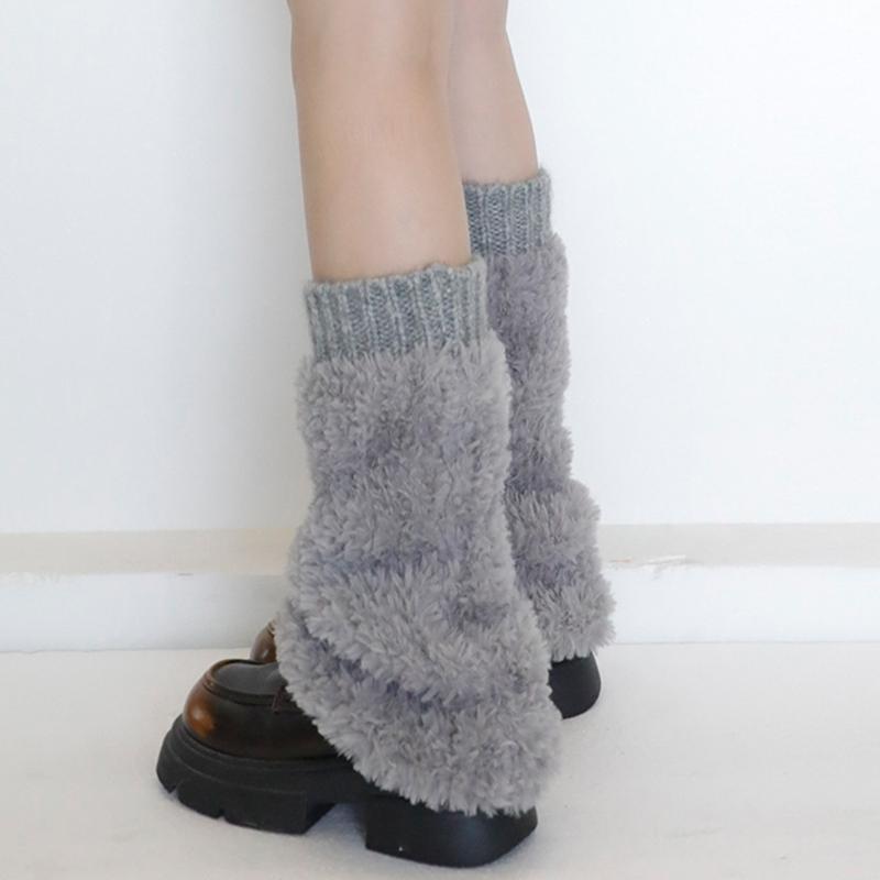 Ribbed Knit Cuffs Furry Leg Warmers for Women Students Winter Furry Plush Boot Covers Stretchy Calf Socks Streetwear