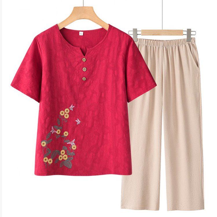 Elderly Women's Summer 2026 Short Sleeve Loose T-Shirt Two-Piece Set