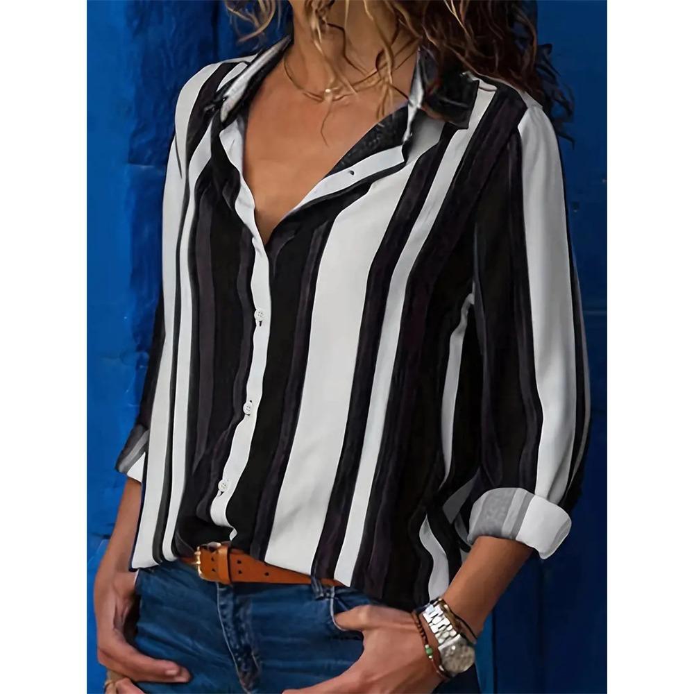 2024 Elegant Black Striped Printed Long-sleeved Shirt For Women Fashion Lapel Button-down Shirt Temperament Office Cardigan