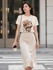 Women's O-Neck Short Sleeve T-Shirt, Polyester Fabric, 2D Bohemian Cat Print Casual Tee for Commute Daily Wear
