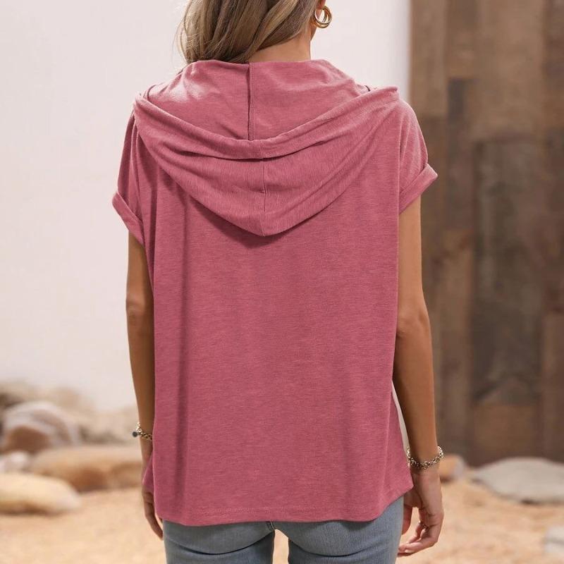 Summer 2025 Short Sleeve Loose Hooded T-shirt Women Elegant Button V Neck Slim Fit Casual T Shirt Woman Fashion Solid Simple Drawstring Lady Tee 26480