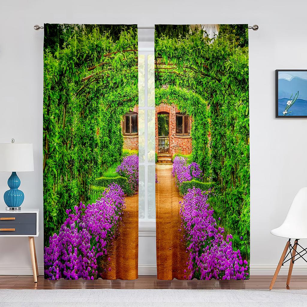 Pink Flowers Cherry Blossoms Park Spring Floral Trees Road Tulle Curtains for Living Room Chiffon Sheer Kitchen Bedroom Curtain