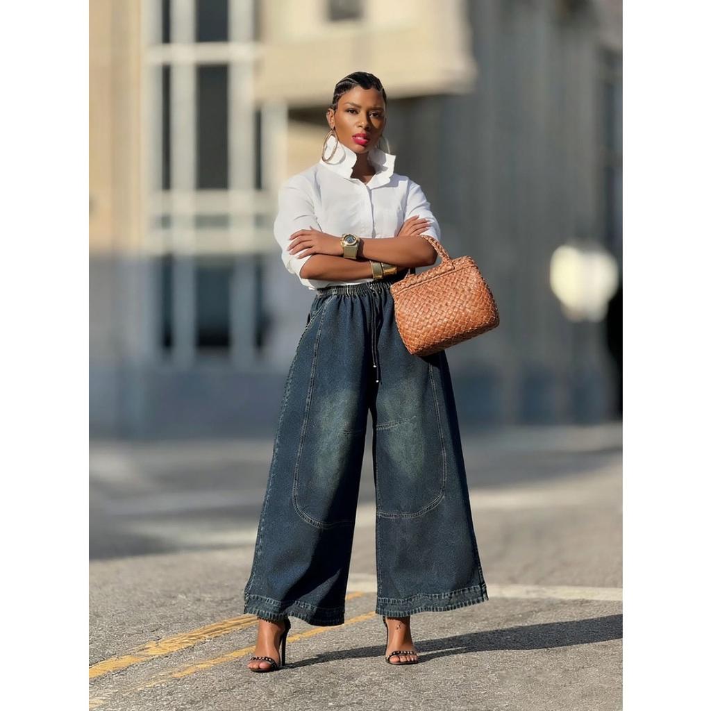VIONA European and American Style Loose and Worn Diagonal Pockets Elastic Waist Wide Leg Jeans for Women Spring New