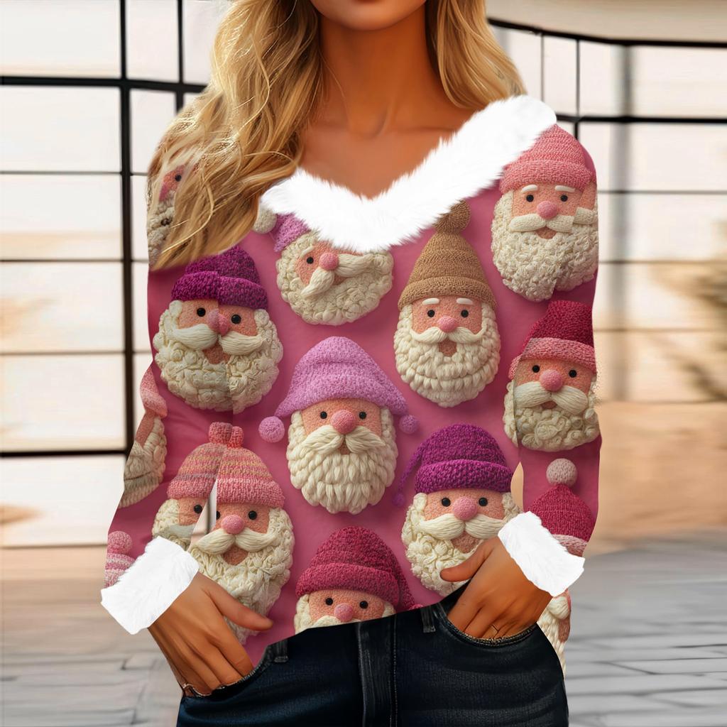 Women's Casual Fashion Long Sleeve Christmas Printed Flannel Collar Top