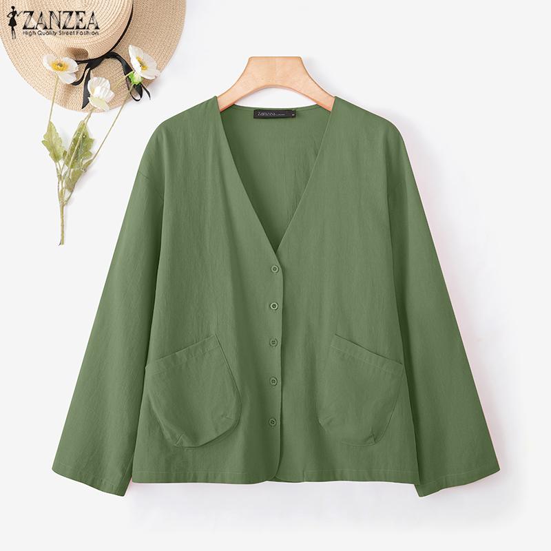 ZANZEA Women Casual V-Neck Loose Long Sleeve Cotton Blouse