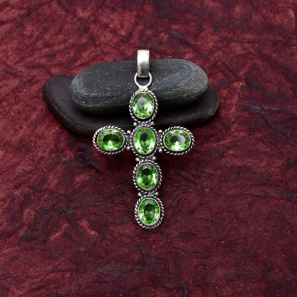 Awesome Green Amethyst Cross Shape Gemstone Pendant: 925 Sterling Silver Handmade Pendant Necklace Jewelry