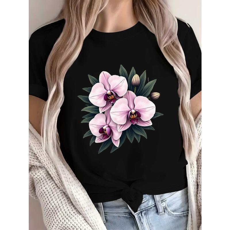 Europäische Größe Damen-T-Shirt mit Orchideenblüten-Print & asiatisch inspirierten rosa Orchideen - Kurzarm, Rundhalsausschnitt, lässiges Oberteil, weiße Bluse für Freizeitkleidung