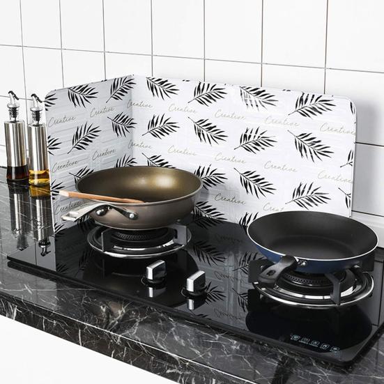 Protector contra salpicaduras de cocina Impresión de hojas moderna Plegable Resistente al calor Antiadherente Cocina de 3 lados Estufa para freír Tapa de metal con aislamiento de grasa a prueba de aceite
