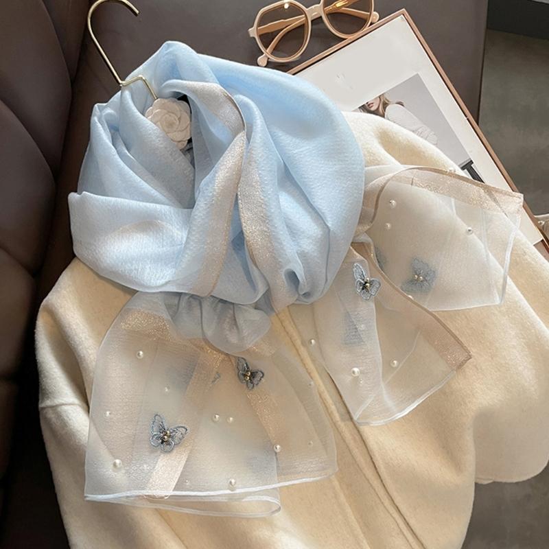 Elegant Embroidered Butterfly Silk Scarf For Women Lightweight Polyester Hijab Shawl Wrap Stole Accessory Gift