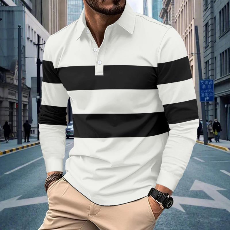 Męska koszulka polo w paski z długim rękawem, casualowy top