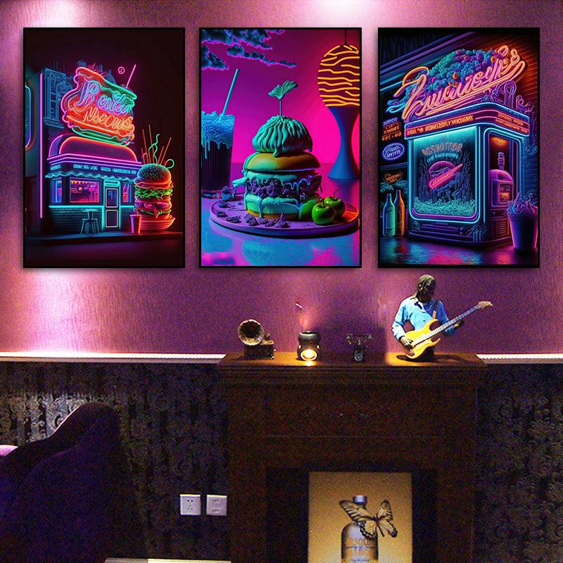 Colored Neon Lights Food and Beverage Posters Prints Hamburger Pizza Fruit Canvas Paintings Wall Art for Kitchen Home Decor