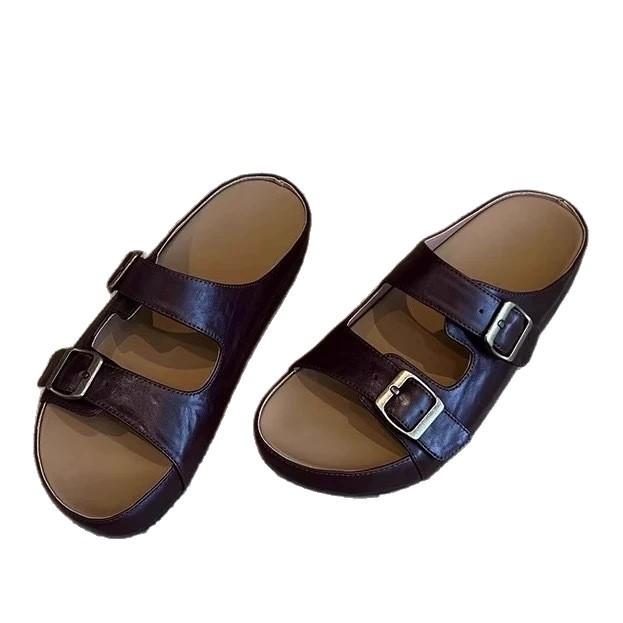 Cowhide version~ retro niche casual belt buckle one-word slippers for women's outer wear 2025 summer thick-bottomed Birkenstock sandals