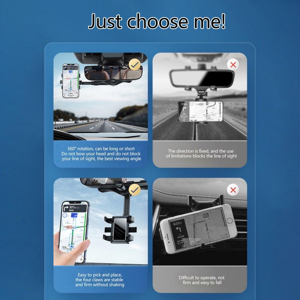 Multifunctional Car Rearview Mirror Phone Holder,360 Degree Rotatable Rear View Mirror Phone Mount,for iPhone Android Smart Phones