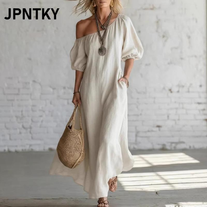 JPNTKY Fashion Summer Spring Solid Color Print Short Sleeve Casual Dresses