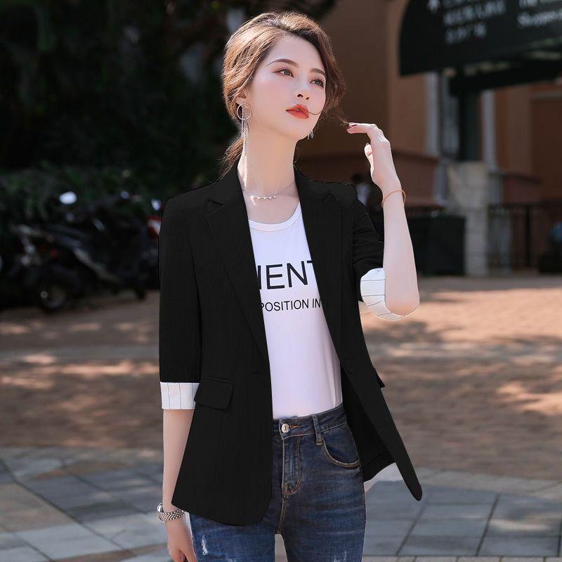 K-style Spring/Summer New Arrival Fashion Commuter Ol Thin Suit Collar One Button Five-Quarter Sleeve Small Business Suit Coat Easiest for Match Women