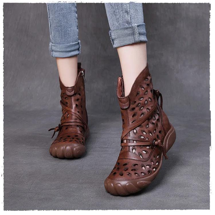 Johnature Ethnic Style Summer Boots Retro Genuine Leather Hollow-out Soft Sole Breathable Women's Shoes
