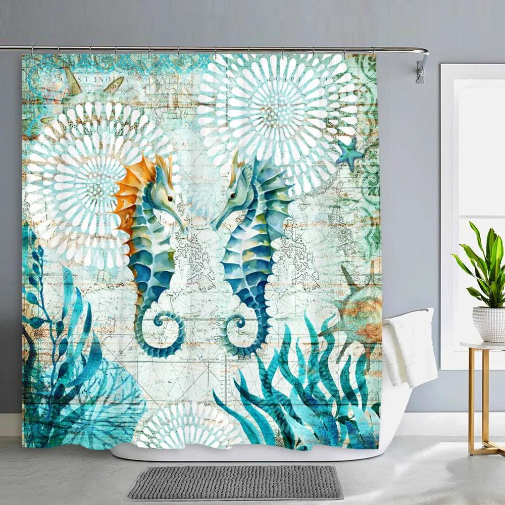 Ocean Animals Bathroom Curtains Watercolour Octopus Jellyfish Turtle Polyester Fabric Washable Shower Curtains Bathroom Decor