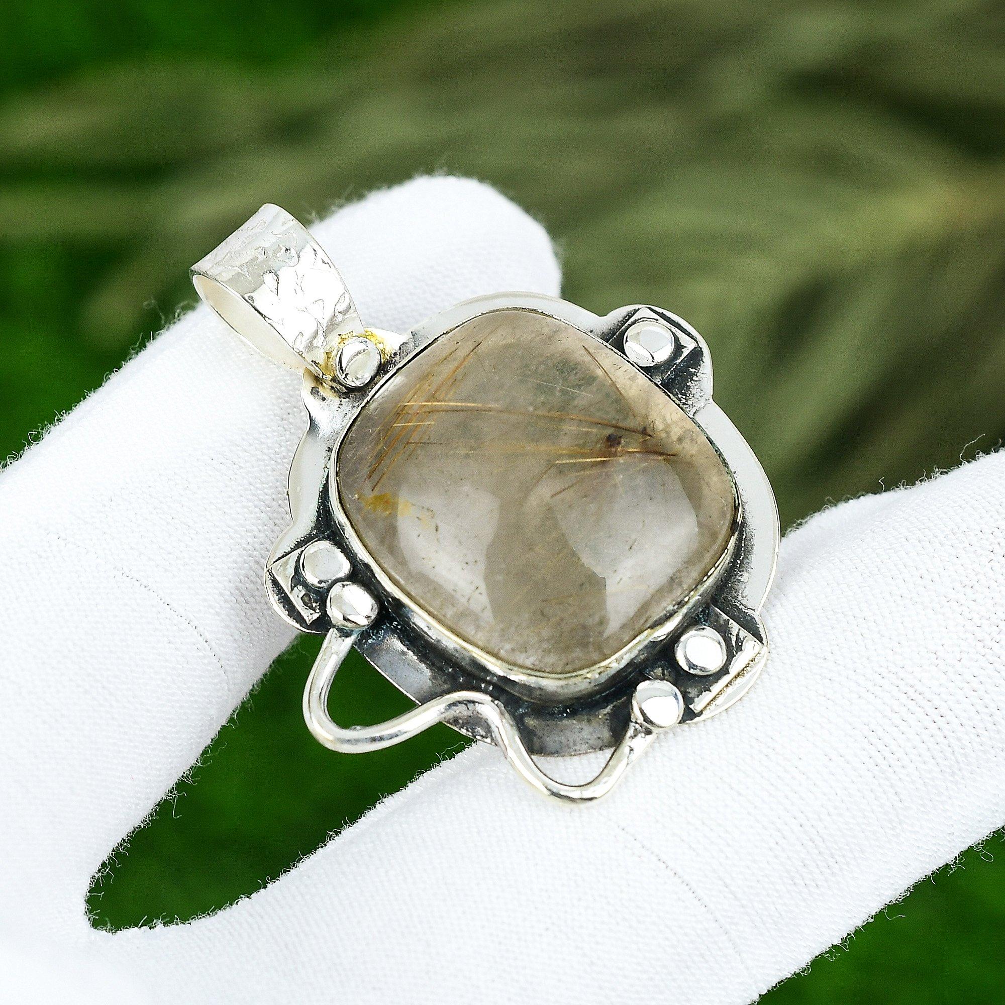 

Radiant Golden Rutile Stone Sterling Silver Bezel Daughter Ethnic Unique Pendant