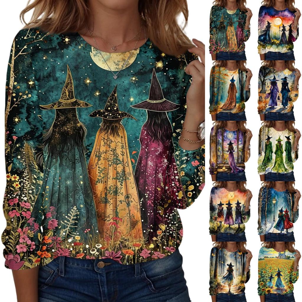 Women's Halloween Print Long Sleeve Neck Loose Fit Tunic Top for Fall Casual Outfits