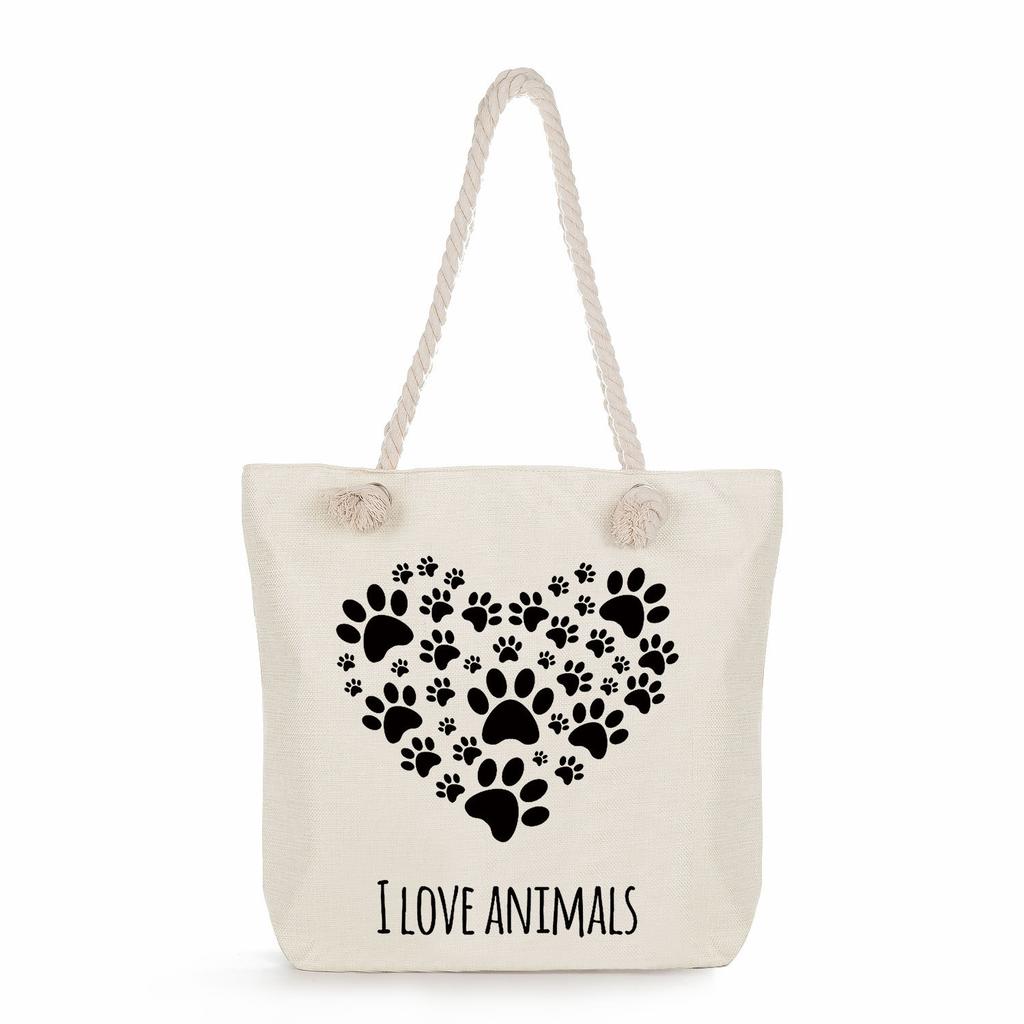 Dog paw print thick rope single-shoulder beach bag 7234 CLE