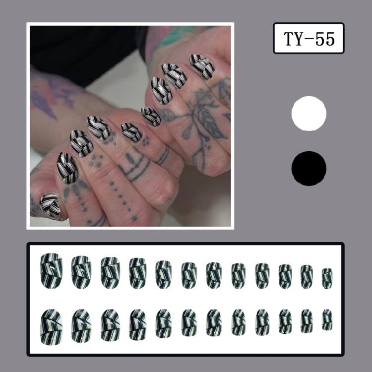 24Pieces Oval Fake Nail Split Stripes Pattern 3D Textured Tips Crystal Embellishments Easy DIY Application