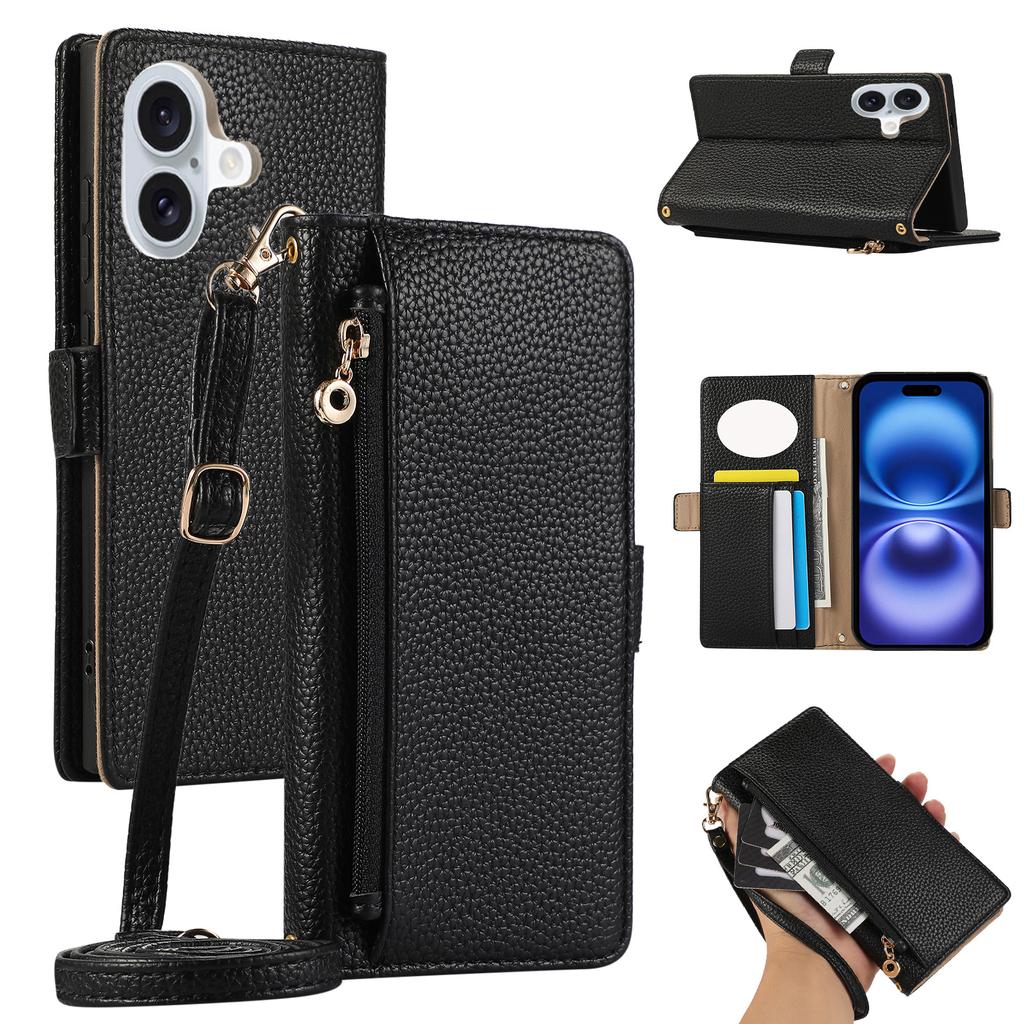 For iPhone 16 Wallet Phone Case Shockproof TPU+PU Leather Flip Cover with Mirror, Strap - Brown