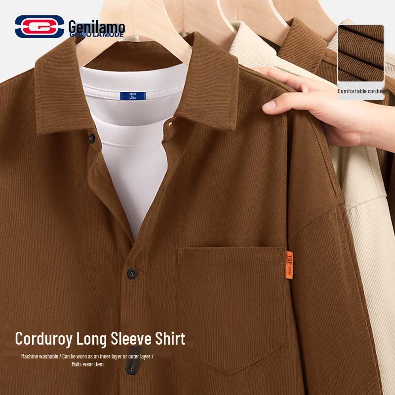 GENIOLAMODE Men s Corduroy Long-Sleeve Casual Shirt M
