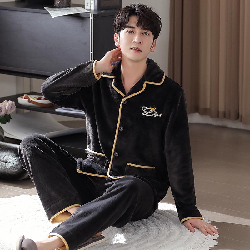 Pyjama Herren Herbst und Winter Korallenfleece Verdickt Fleece Warm Flanell Hausanzug Herren Winter und Winter Anzug