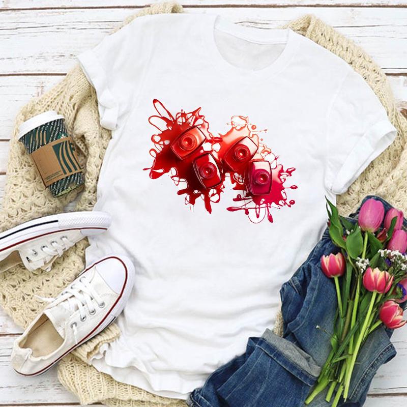 

Watercolor Red Nail Polish Women T-Shirts Colorful Nail Polish Bottle Top Female Tshirt Harajuku Casual O-Neck Lady Tee Clothes XL білий