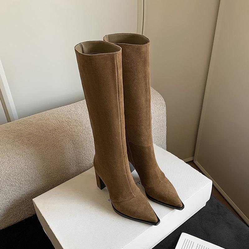 8.5CM European popular high boots 2025 autumn and winter new pointed thick heels but knee thin elastic boots women