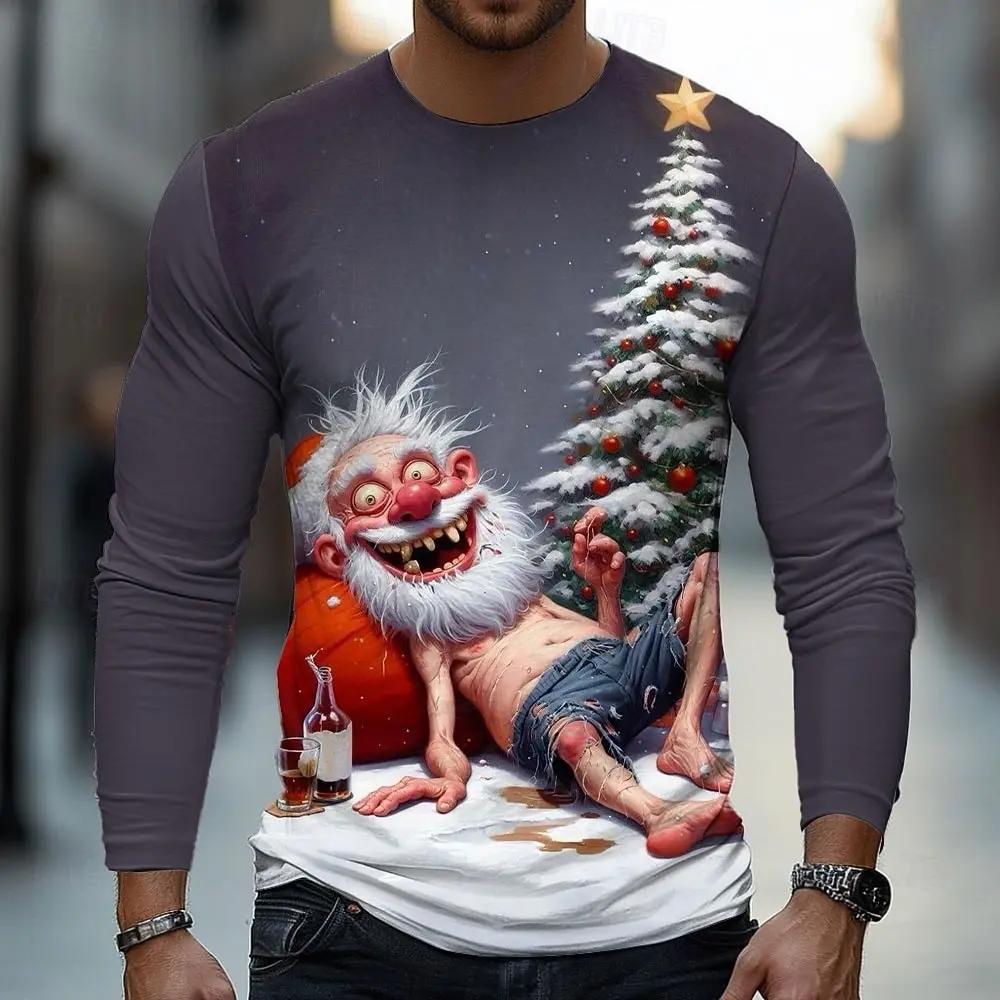 Spring and Autumn Round Neck Funny Christmas Santa Graphic 3D Printed Top Fashionable Casual Long Sleeved Men's T-shirts