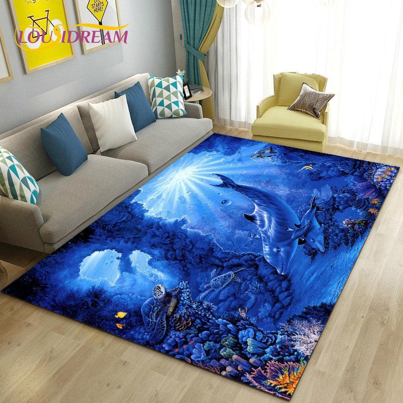 3D-Illusion Unterwasserwelt Meeresboden Delfin Hai Teppich, Teppich für Wohnzimmer Schlafzimmer Sofa Fußmatte Rutschfeste Bodenmatte