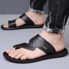 Men Flip Flops Black Leather Slippers Simple Flats Summer White Outdoor Brown Open Toe Beach Shoes Plus Size