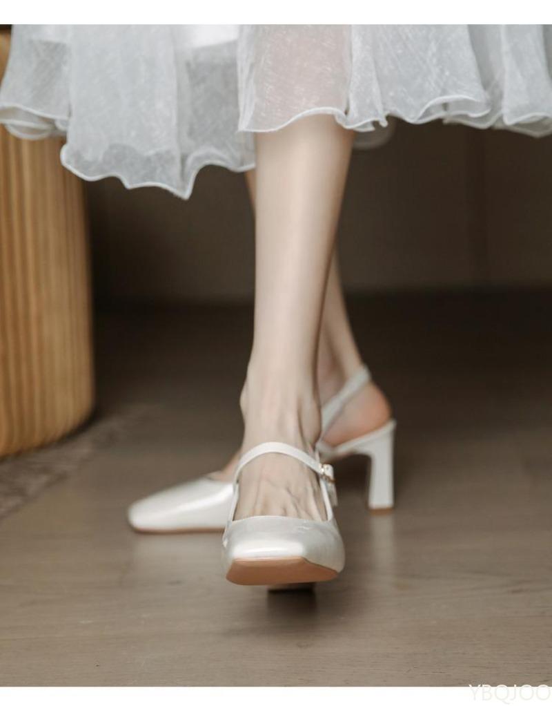 Fashionable soft square toe buckle strap casual women's shoes new style with simple temperament summer back empty high heels