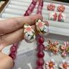Natural Jade Brazilian Rose Stone Necklace 14Mm Pink Chalcedony Jewelry Set With Bright Color And Ruddy Luster For Women