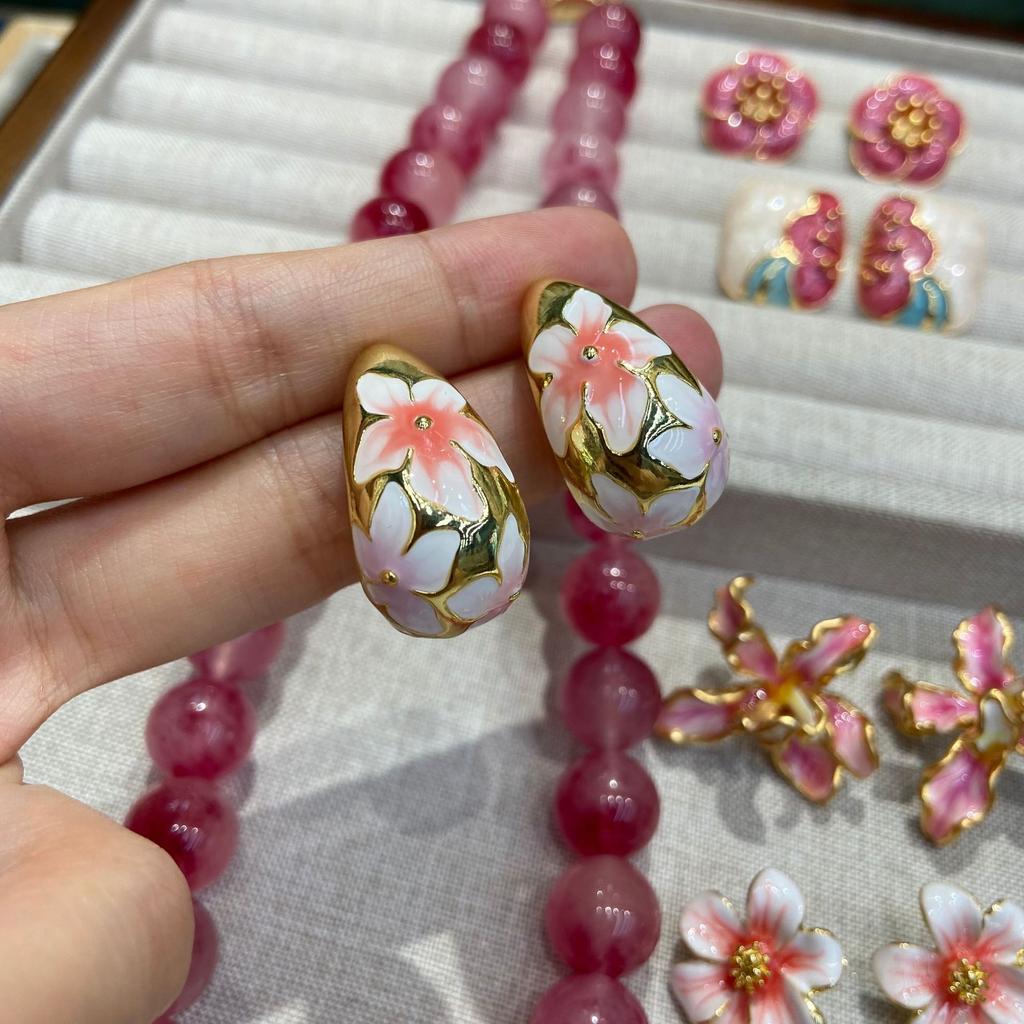 Natural Jade Brazilian Rose Stone Necklace 14Mm Pink Chalcedony Jewelry Set With Bright Color And Ruddy Luster For Women
